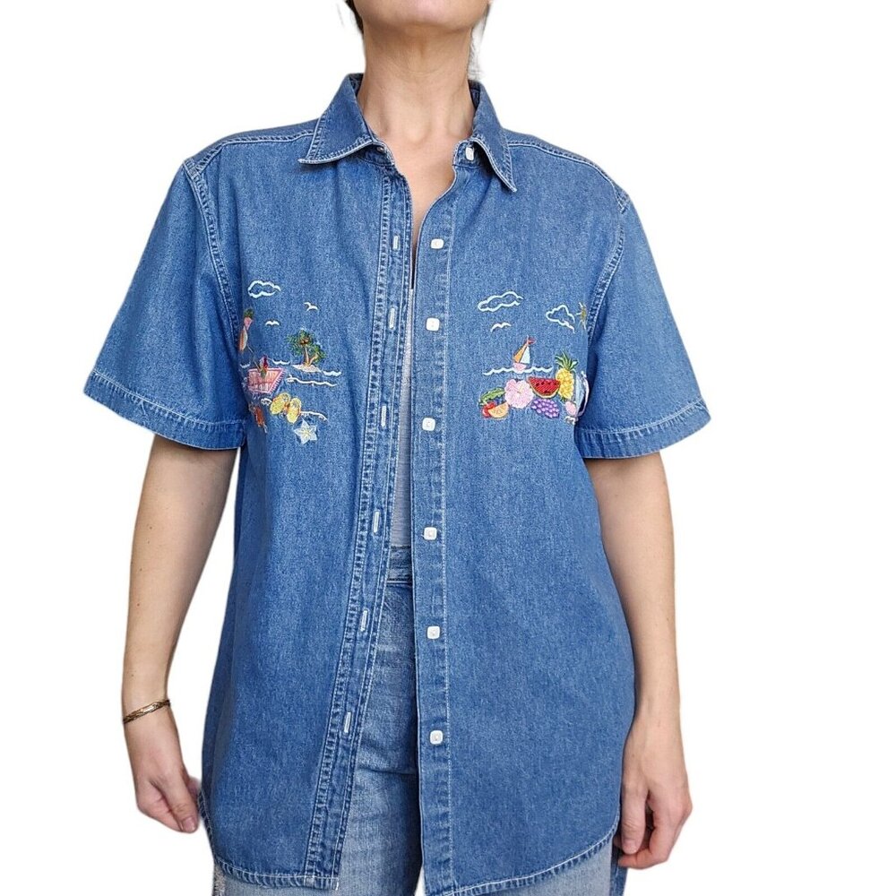 Vintage 90s‎ Womens M/L Denim Button Up Shirt Beach Nautical Tropical Summer